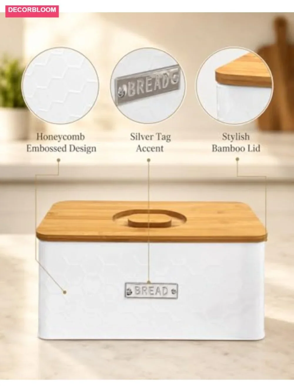 White Metal Bread Box with Bamboo Cutting Board Lid